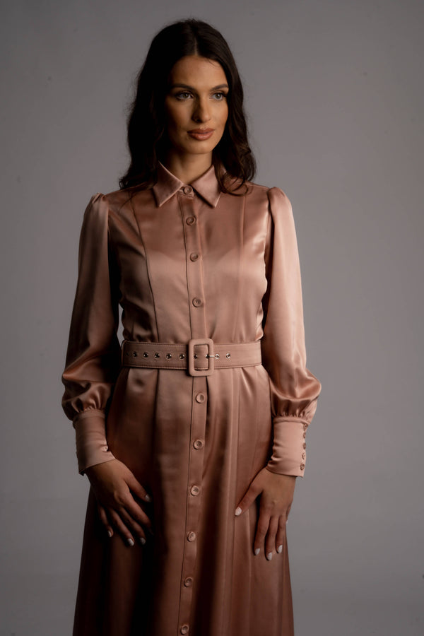 Adalyn Belted Satin Maxi Shirt Dress - Space to Show