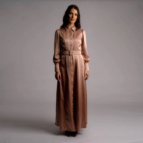 Adalyn Belted Satin Maxi Shirt Dress - Space to Show