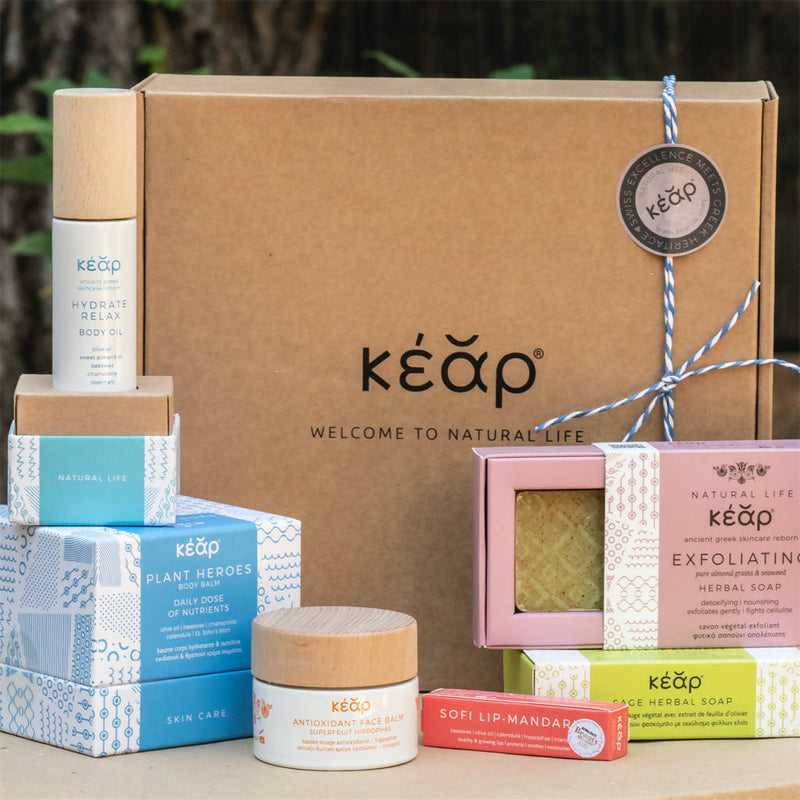 weKear Holistic natural Beauty Set with Plant Heroes Body Balm, Antioxidant Face Balm, Hydrate Relax Body Oil, Exfoliating Herbal Soap, Sage Olive Leaf Herbal Soap, and SofiLip Mandarin lip balm