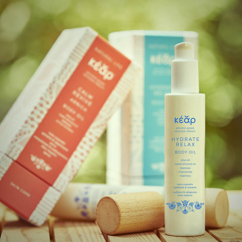 Kear Hydrate Relax natural Body Oil, multipurpose, chemical free, cruelty free. With olive oil, almond oil, beeswax, chamomile, rosemary. Restores moisture balance and calms dry and irritated skin.