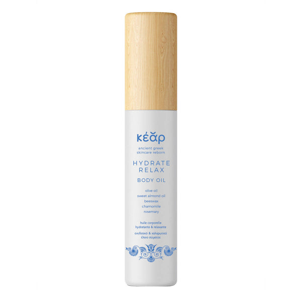 Kear Hydrate Relax natural Body Oil, multipurpose, chemical free, cruelty free. With olive oil, almond oil, beeswax, chamomile, rosemary. Restores moisture balance and calms dry and irritated skin.