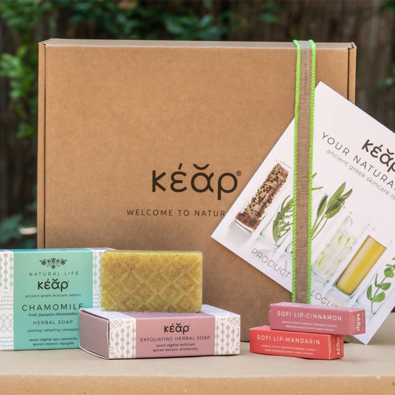 Kear Little Treasures gift set, Exfoliating & Sage Olive Herbal Soap bars and SofiLip natural lip balms for Soft Lips & Radiant Skin