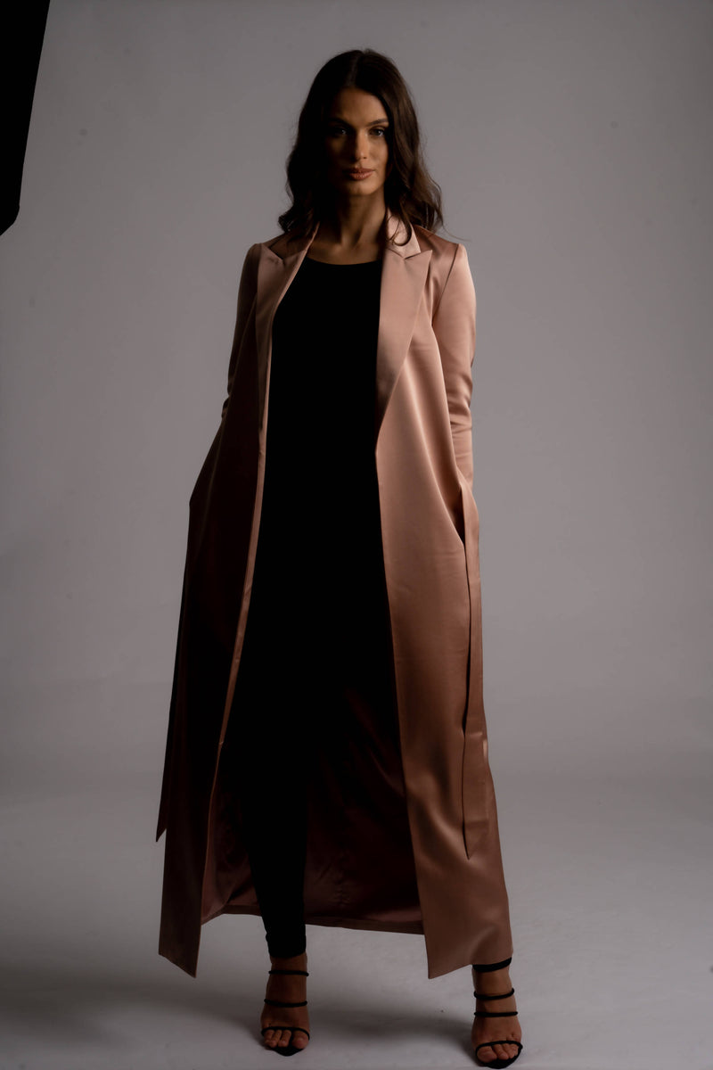 Alya Satin Belted Long Blazer Coat - Space to Show