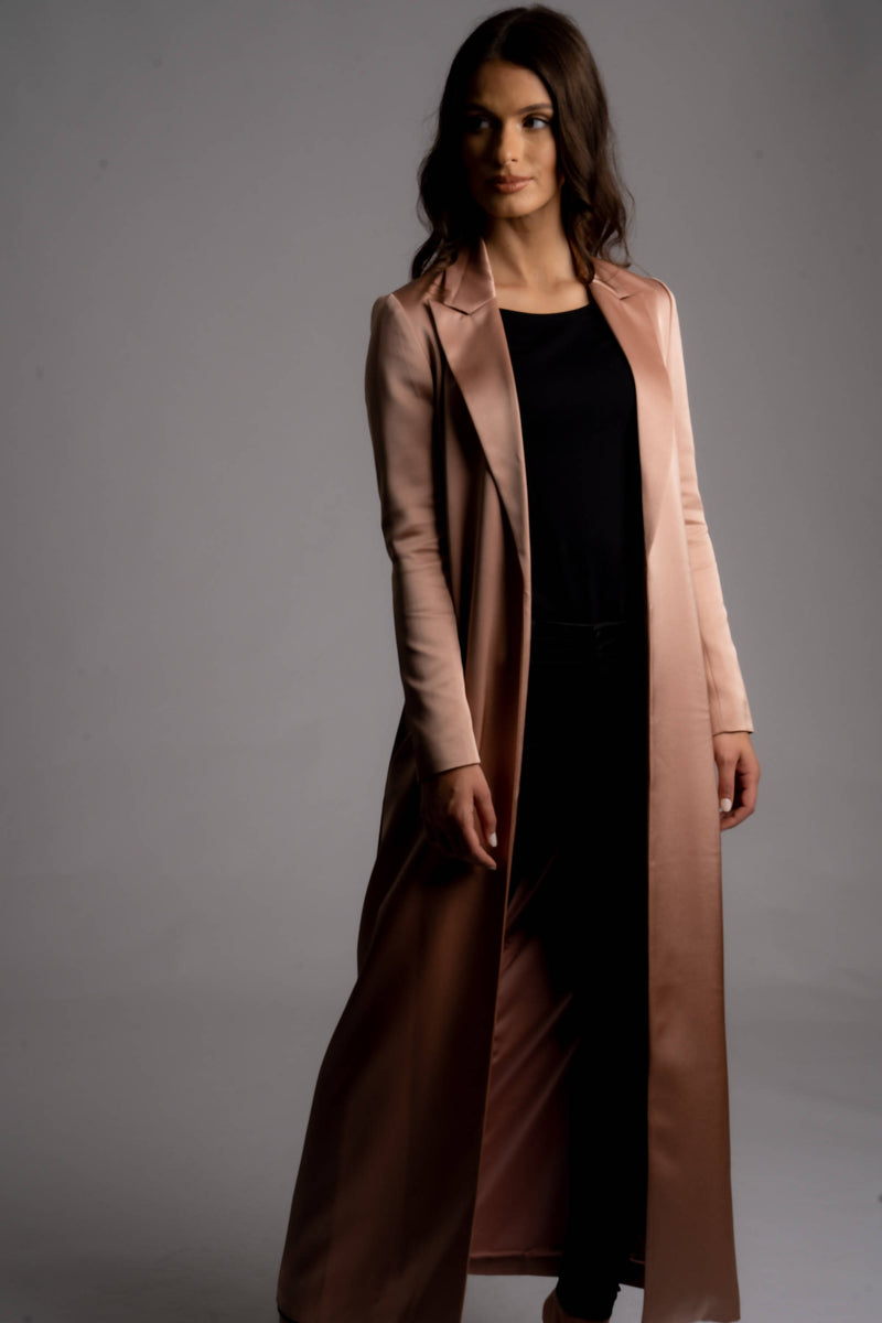 Alya Satin Belted Long Blazer Coat - Space to Show