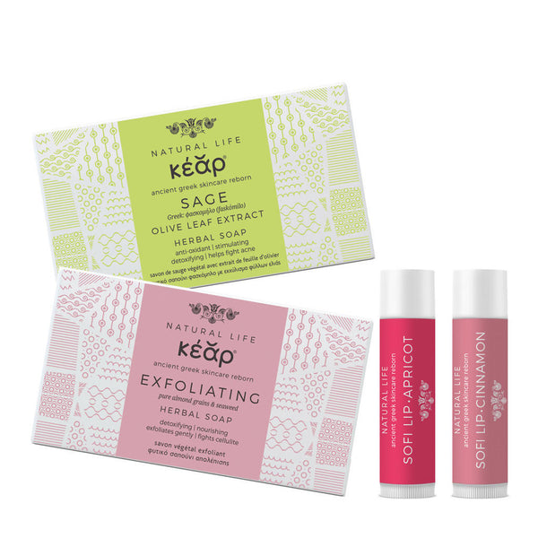 Kear Little Treasures gift set, Exfoliating & Sage Olive Herbal Soap bars and SofiLip natural lip balms for Soft Lips & Radiant Skin